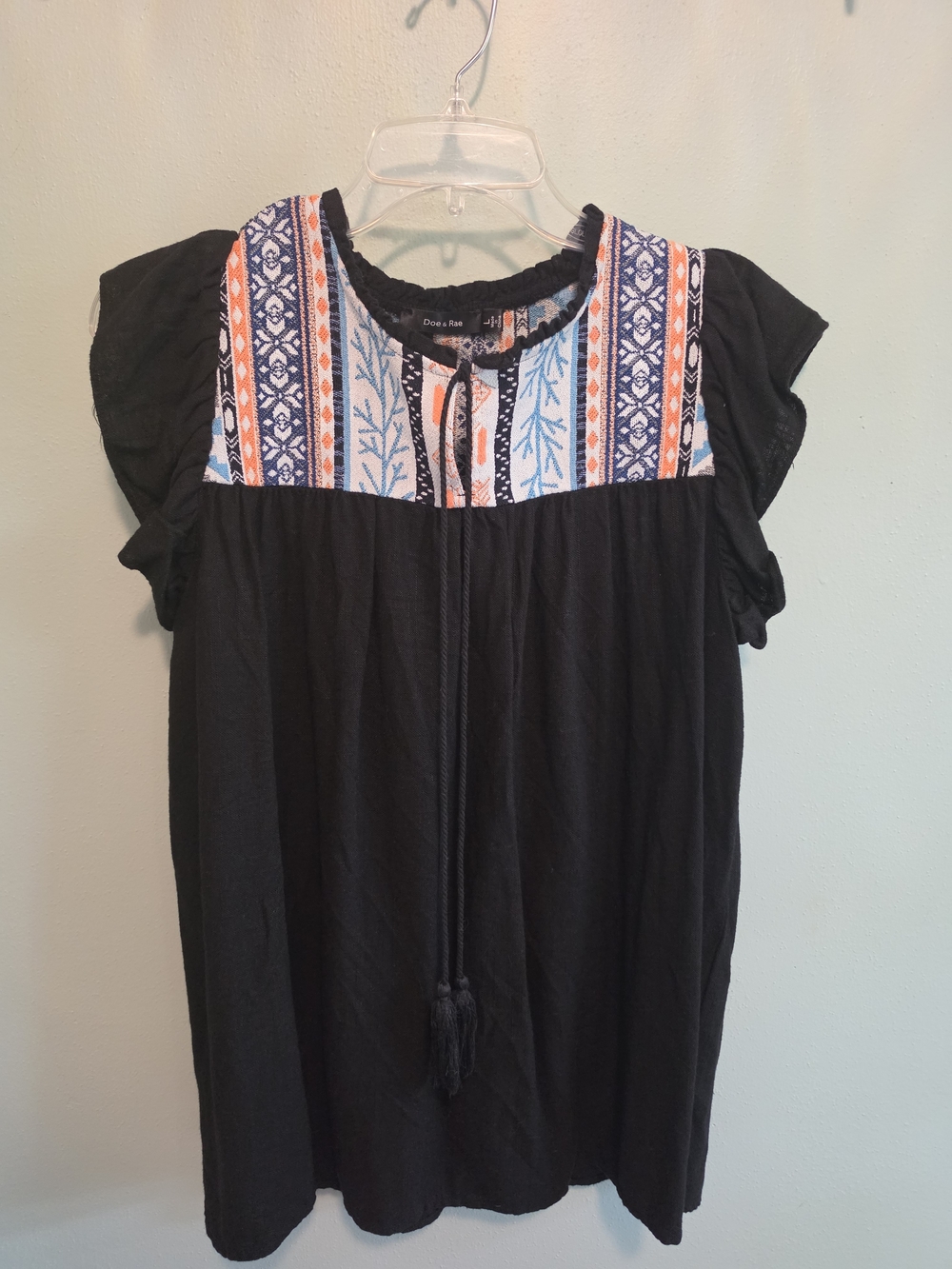Doe & Rae Black Tunic with Blue and Orange Embroidered Yoke